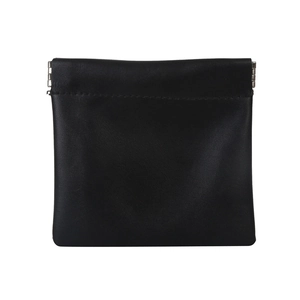 Minimalist black matte leather mini shoulder bag with metal spring closure and square design