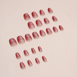 Deep burgundy cat eye gradient press-on nails set with 24 pieces in square oval shape