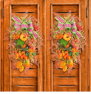 Symmetric fall door swags with pumpkins, maple leaves and red-white checkered bows