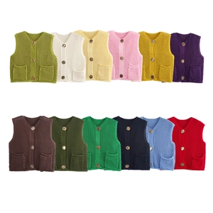 Kids chunky knit sleeveless cardigan vest in various colors with V-neck and buttons