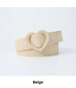 Detailed view of beige woven elastic belt featuring a sweet heart-shaped buckle design