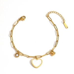 Elegant gold titanium steel paperclip bracelet with heart pendants and shell pearl accents