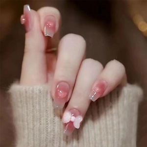 Elegant Glossy Pink Gradient Press On Nails With 3D White Bow Tie And Clear Heart Decorations Sweet False Nails