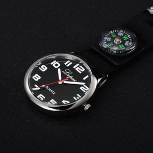Black dial quartz fob watch with silver casing, compass buckle and woven nylon strap