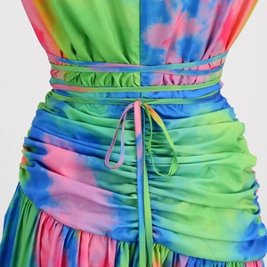 Close-up of vibrant tie-dye pattern and adjustable drawstring waist on the summer dress