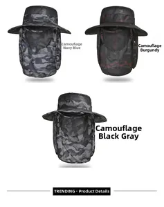 Three camouflage outdoor sun hats with mesh fabric and detachable neck protectors