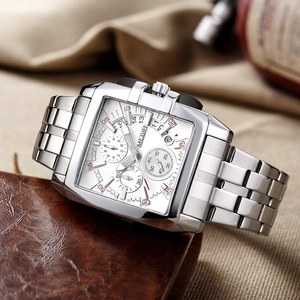 Orologio cronografo quadrato Megir da uomo in argento con cinturino in acciaio