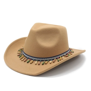 Western Cowboy Hat Felt Wide Brim Ethnic Beaded Ribbon Tassel Bohemian Vintage Style For Men Women