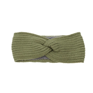 Detail of olive green knit headband featuring thick gray fleece lining and wool texture