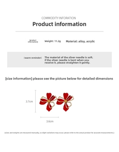 Detailed specs of floral earrings showing red acrylic flower size 3.7cm and 11.2g weight