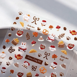 Cartoon white bunny and autumn theme adhesive nail art stickers with bear and leaf patterns