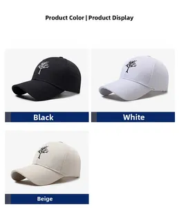 Detailed embroidery of tree motif on three colored baseball caps in black white and beige