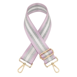 Detail of adjustable lavender silver stripe bag strap with light gold metal swivel hooks