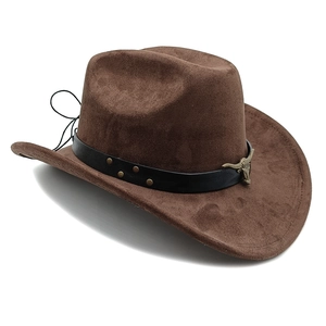 Detail of dark brown faux suede cowboy hat with vintage bronze bull head and rivets