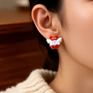 Cute flocked teddy bear earrings with white wings and sparkling zircon stone