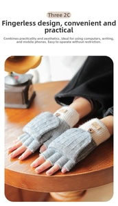 Detail of grey and white knitted convertible mittens with flip-top cover and leather tag