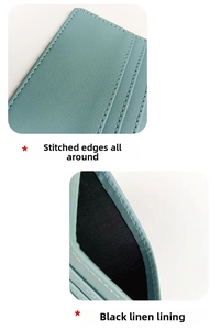 Detail view of precise stitching and black textured lining on the teal faux leather card holder