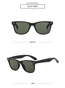 Detail view of classic square black sunglasses with dark green lenses in dual-angle display