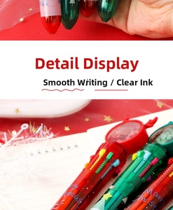 Close-up of Christmas 10-color ballpoint pen with reindeer antlers and sequins