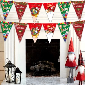Festive red and green Merry Christmas bunting banner hanging over a fireplace mantle