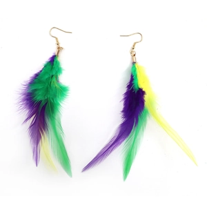 Fashion Mardi Gras feather earrings with purple green yellow plumage and gold hooks
