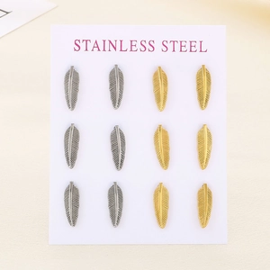 Set of 6 pairs of stainless steel feather stud earrings in gold and silver finish