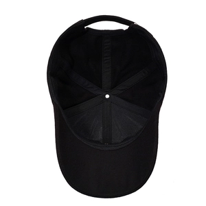 Interior view of black cotton baseball cap showing stitching, sweatband and six-panel structure