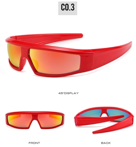 Detailed view of red Y2K sports sunglasses with orange gradient mirror lenses and frame