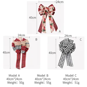 Detail view of plaid burlap Christmas bow measuring 40cm height by 24cm width for tree tops