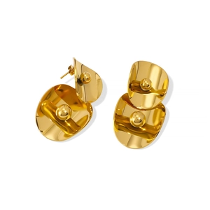 Modern gold-toned double layer circle and ball drop earrings in stainless steel