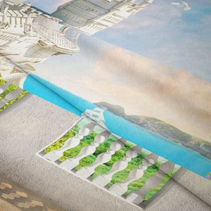 Close-up of European castle tapestry showing fine fabric texture and soft landscape print