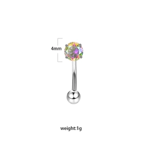 Macro detail of stainless steel eyebrow ring with 4mm rainbow zircon and weight info