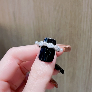 Silver adjustable open ring with white pearls and minimalist smiley face bead accents