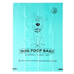 Detail view of leak-proof teal dog poop bag with cartoon logo and eco-friendly labels