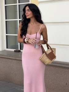 Pink ribbed knit camisole maxi dress with a slim-fit fishtail silhouette for women