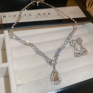 Close-up of sparkling rhinestone waterdrop pendant and matching earrings in a jewelry box
