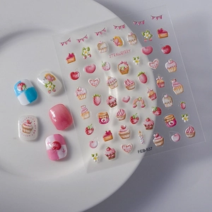 Pink strawberry and cupcake 5D embossed nail art stickers with sweet dessert designs