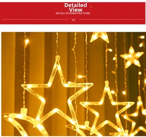 Close-up of star shaped LED curtain lights emitting warm yellow glow for holiday decor
