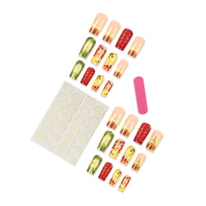 Detailed long press-on nail kit with floral patterns, jelly glue, and a pink file