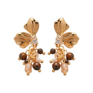 Elegant floral tassel earrings with tiger eye stone and crystals on golden finish