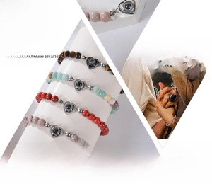 Macro view and lifestyle shots of natural stone beaded bracelets with heart projection stones