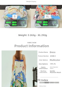Detailed chart showing weight and fabric of a floral summer dress with graffiti print