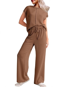 Women casual 2-piece knit set featuring short sleeve top and drawstring wide leg pants in brown
