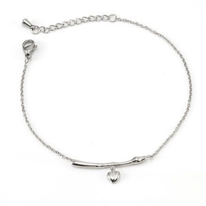 Silver stainless steel heart bracelet with curved bar and adjustable chain on white background