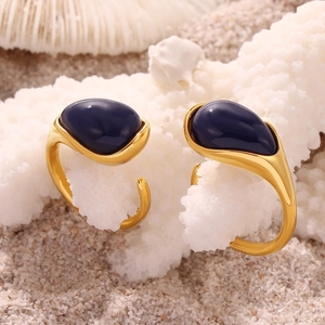 Vintage Titanium Steel Open Ring For Women Dark Blue Resin Water Drop Adjustable Gold Plated Minimalist Fashion Finger Ring