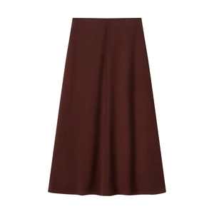 Detailed view of deep brown A-line maxi skirt with a smooth minimalist waistline