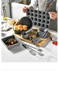 Detailed 18-piece gray silicone bakeware set including muffin pans and baking utensils