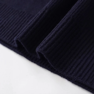 Women's dark blue crochet lace knit pullover featuring fine ribbed texture and lapel collar