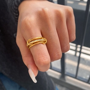 Elegant multi-layer gold stainless steel ring with micro-pave crystals for women