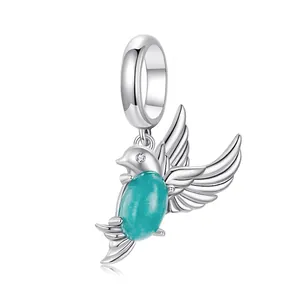 Pendentif colibri en argent S925 avec pierre turquoise ovale pour bijoux femme